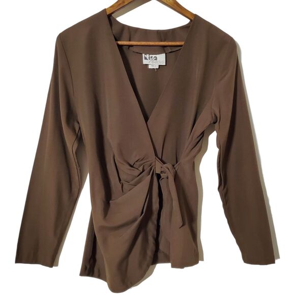 Vintage 70s Lisa Peron Blouse Size S High Fashion Origami Top Muted Green Womens - Picture 2 of 8